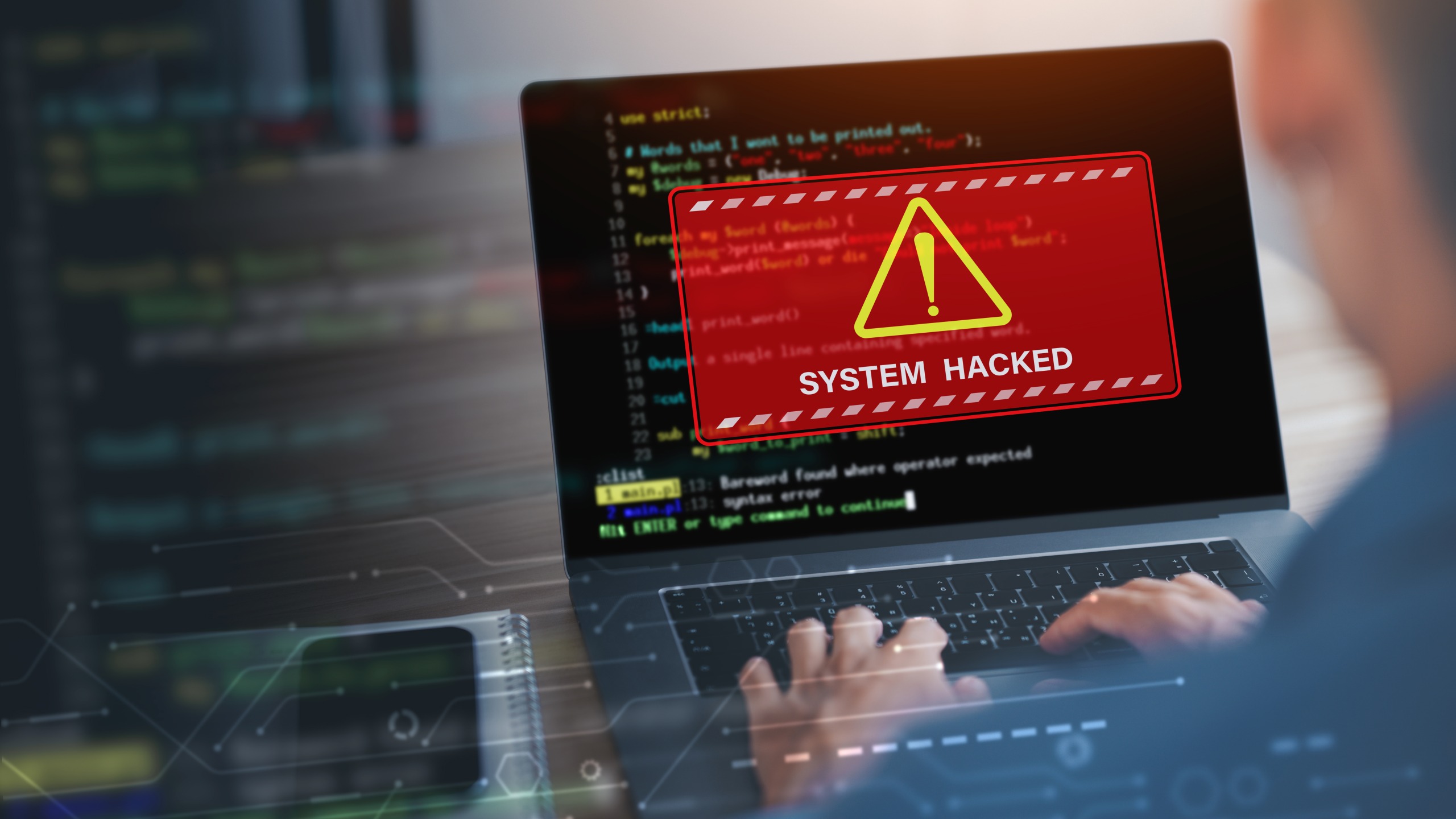 System hacked alert after cyber attack on computer network. compromised information concept. internet virus cyber security and cybercrime.