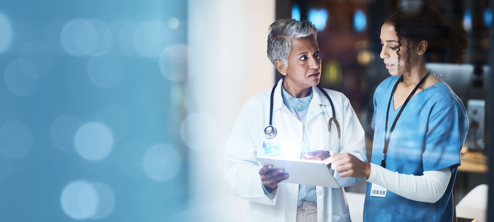 Women, doctors and tablet with bokeh copy space, mockup or mock up for night medical research, planning or teamwork. Thinking Managed IT, nurse or hospital collaboration on wellness technology.