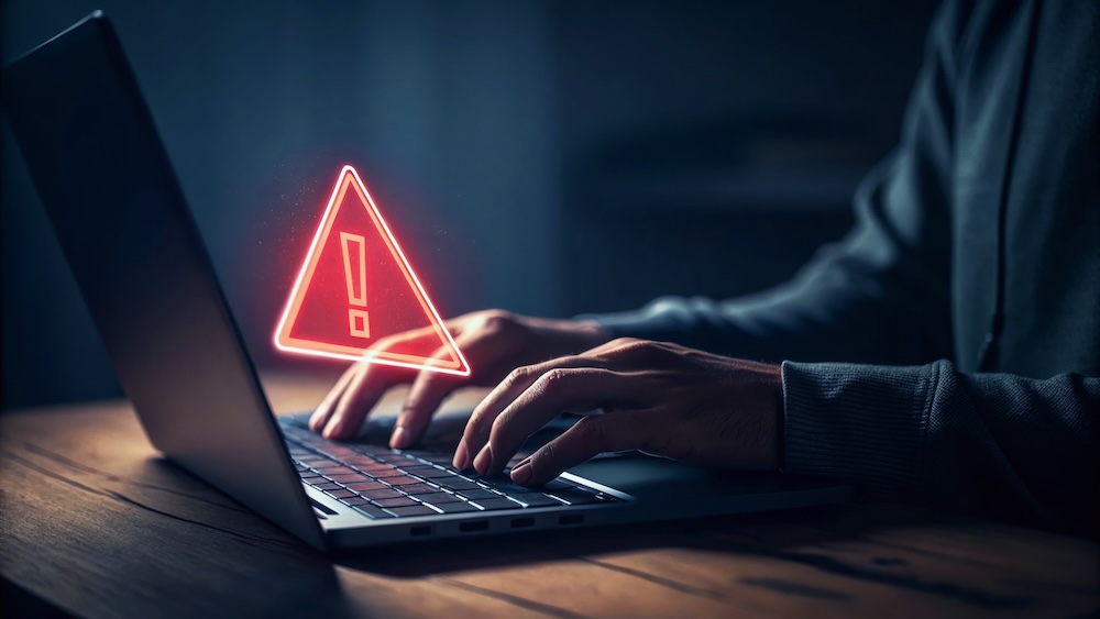 A person typing on a laptop, with a glowing warning symbol hovering above, suggesting a potential security alert or issue.