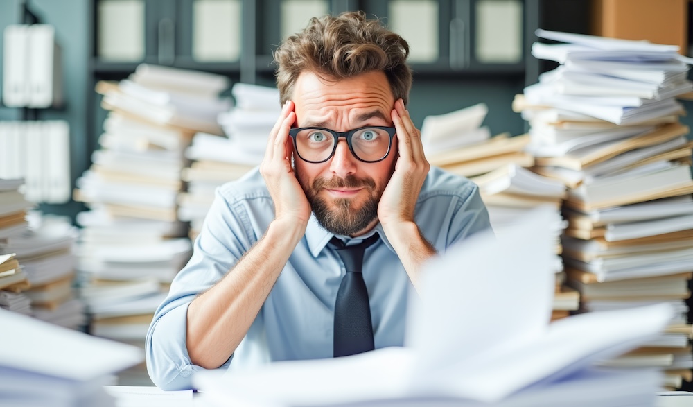 an office worker sits in front of stacks of paper documents upset tired