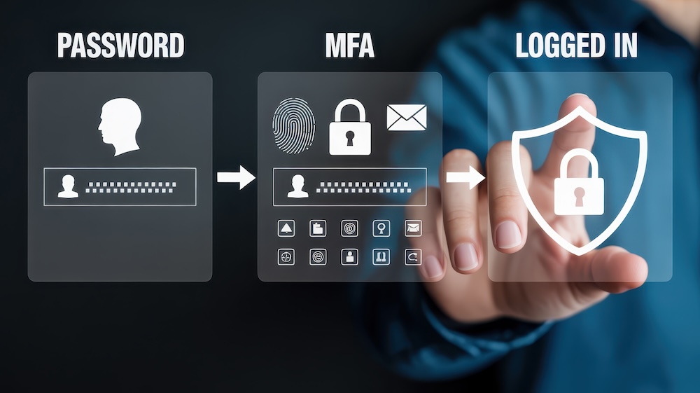 Graphic illustration of a multi-factor authentication security process, starting with a password, proceeding to multi-factor authentication, and concluding with successful login. The process is displayed through icons including a user profile, fingerprint, lock, email, and a security shield. The design uses a dark background and transparent interface elements to present the steps of the process.