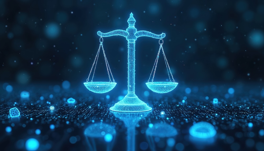 Digital illustration visualizes ethical AI regulations balance. Futuristic glowing scales of justice symbolize legal compliance, responsibility governance in technology.