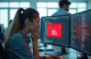 An IT person looks at the computer screen with an error alert. She covers her mouth in shock, reacting to a critical software failure or a cyber threat. Panic on face as code, displays red warning message.