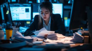 A stressed office worker surrounded by piles of paperwork and multiple computer screens, each showing different tasks. disconnected systems concept.