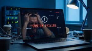Stressed man looking at computer screen displaying system failure warning. Cyber security threat, data breach and technical problem. 