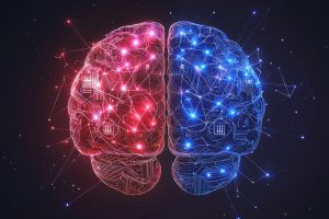 Split red and blue digital brain made of circuit patterns, symbolizing artificial intelligence as both an attack tool and a target