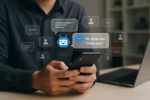 Business professional using an AI chatbot on a smartphone to answer customer questions and provide automated support.