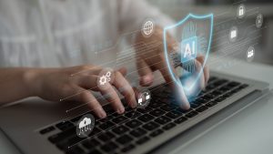 AI-assisted cybersecurity concept illustrating how artificial intelligence supports cyber resilience alongside layered security strategies, risk management, and continuous improvement.