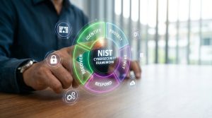 Illustration of the NIST Cybersecurity Framework highlighting the Identify, Protect, Detect, Respond, and Recover functions that help organizations strengthen cyber resilience and manage cybersecurity risk.