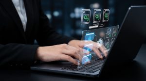 Illustration of AI-powered document automation with digital files, secure folders, and automated processing. Represents business workflow automation, document management, and intelligent data processing that reduce manual work and improve efficiency. 