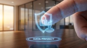 Data privacy and cybersecurity concept with a shield, padlock, and user icon representing protection of personal information.