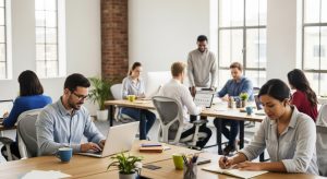 Staff working independently at laptops in a shared office, illustrating how AI tool use can spread across teams without a coordinated plan.