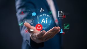 AI shield surrounded by documents, chat icons, and warning symbols, illustrating the privacy risks of sharing business data with AI tools.