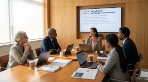 Business team reviewing AI policy guidelines together as they discuss how to protect company data.
