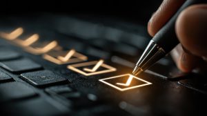 Pen marking a digital checklist, representing an assessment of technology or AI tools, subscription costs, account access, and data practices.