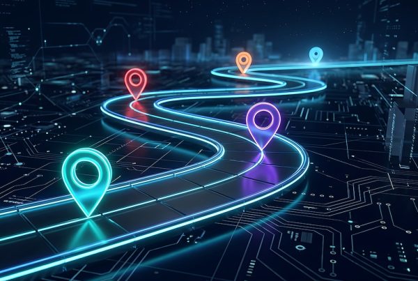 Glowing digital road with location pins over a circuit board, representing a technology roadmap