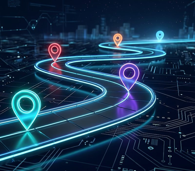 Glowing digital road with location pins over a circuit board, representing a technology roadmap