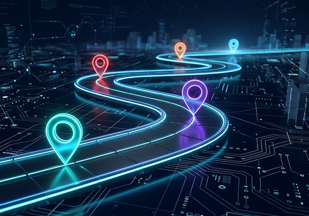 Glowing digital road with location pins over a circuit board, representing a technology roadmap