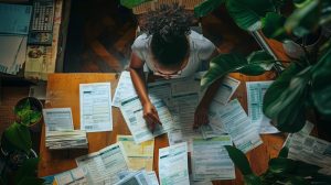 Person reviewing financial paperwork spread across a desk, illustrating the time involved in tracking costs from separate AI tools.
