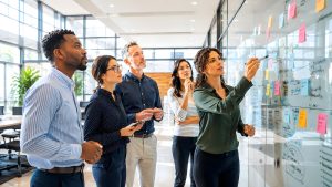 Business team reviewing goals and planning priorities on a whiteboard before evaluating the results of their AI investment.